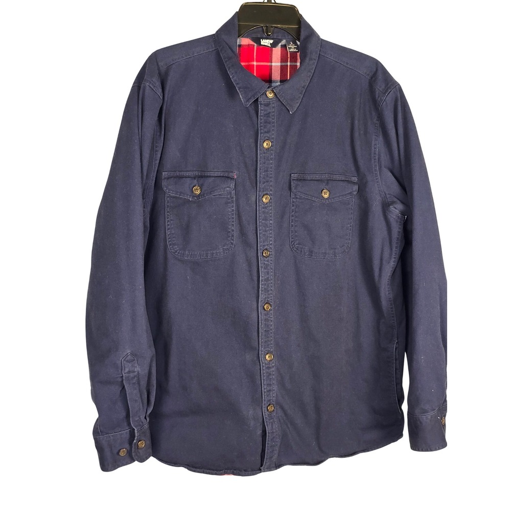 Lands End Navy Blue Flannel Lined Shirt Jacket Shacket Mens L 42-44 Traditional
